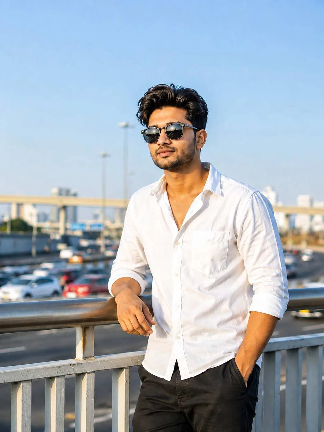 Bright Urban Men’s Portrait on a City Bridge