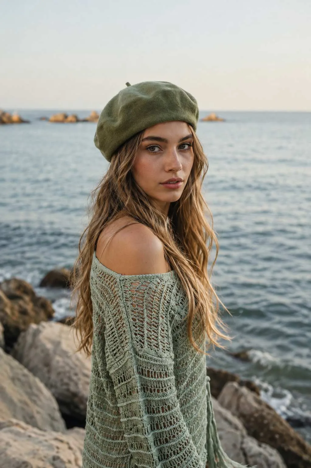 Coastal Seaside Portrait With Green Beret