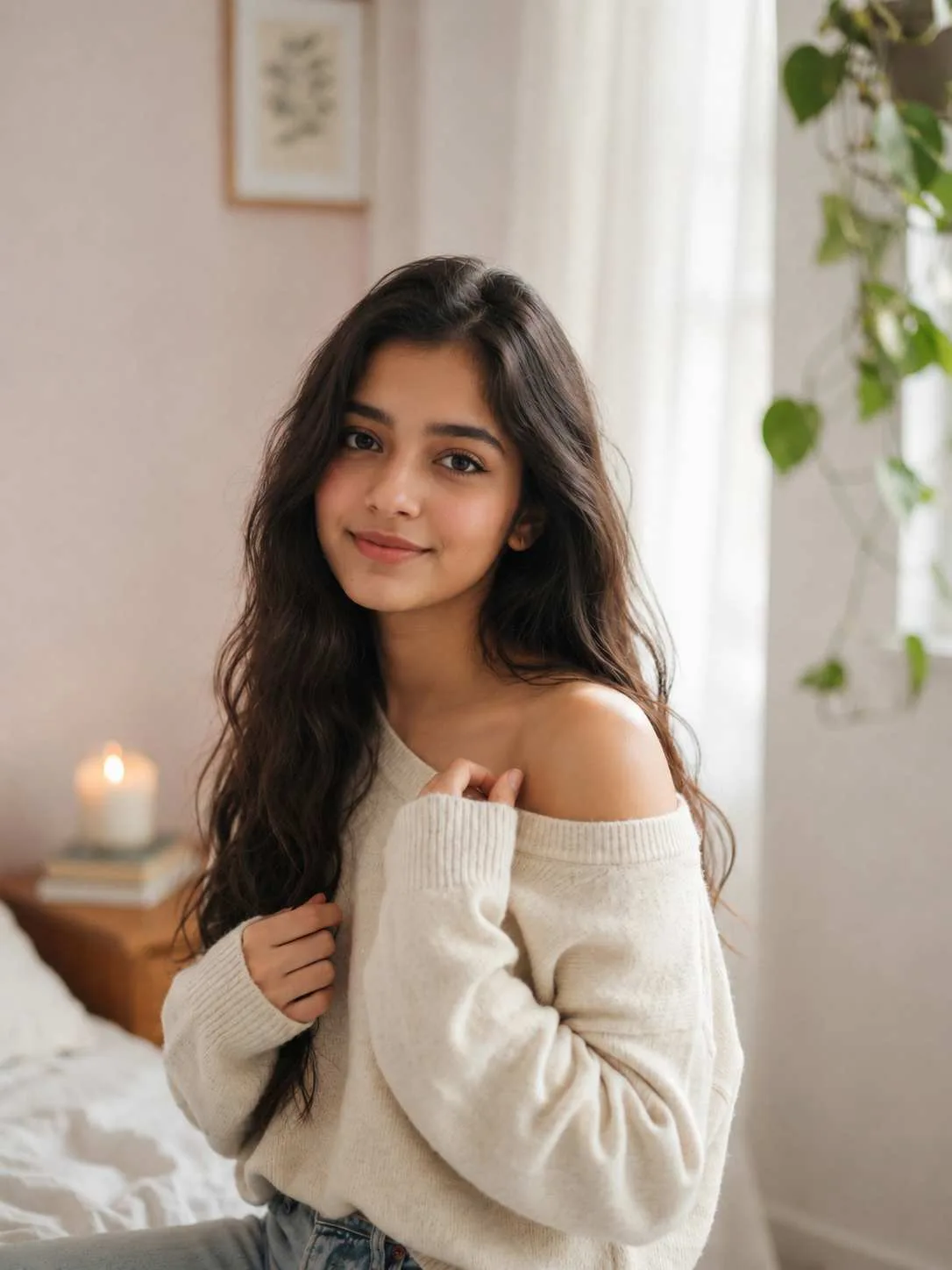 Cozy Indoor Portrait With Cream Sweater