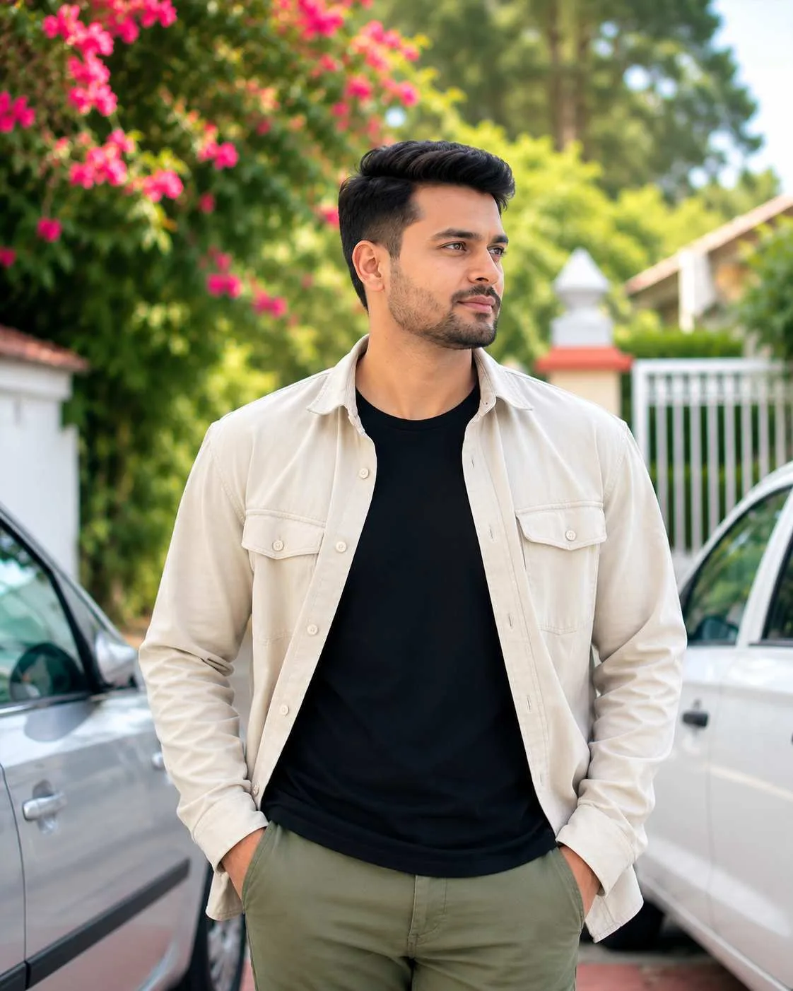 Stylish Casual Outdoor Portrait Between Cars