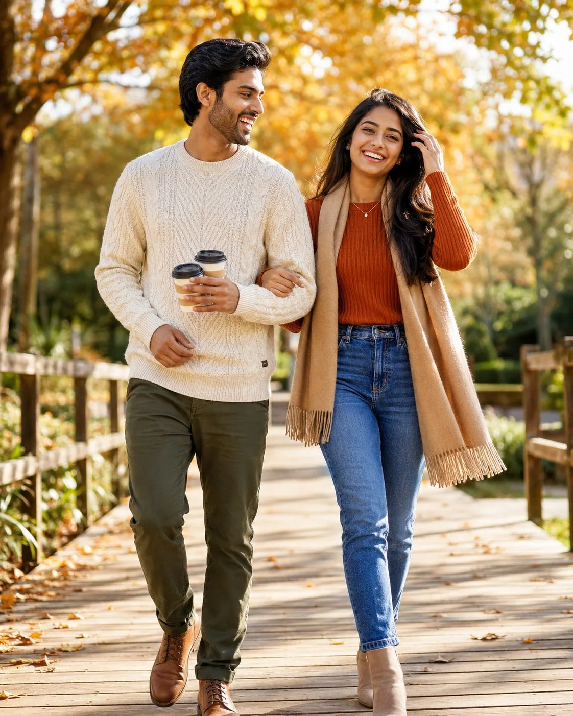 Autumn Coffee Walk Couple Portrait