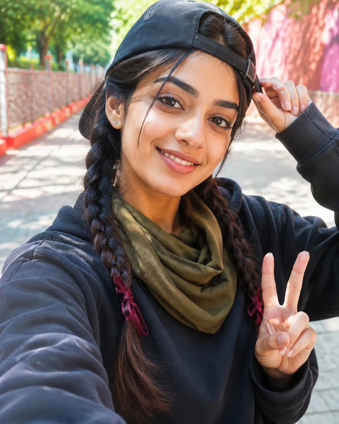 Backward Cap Peace-Sign Selfie