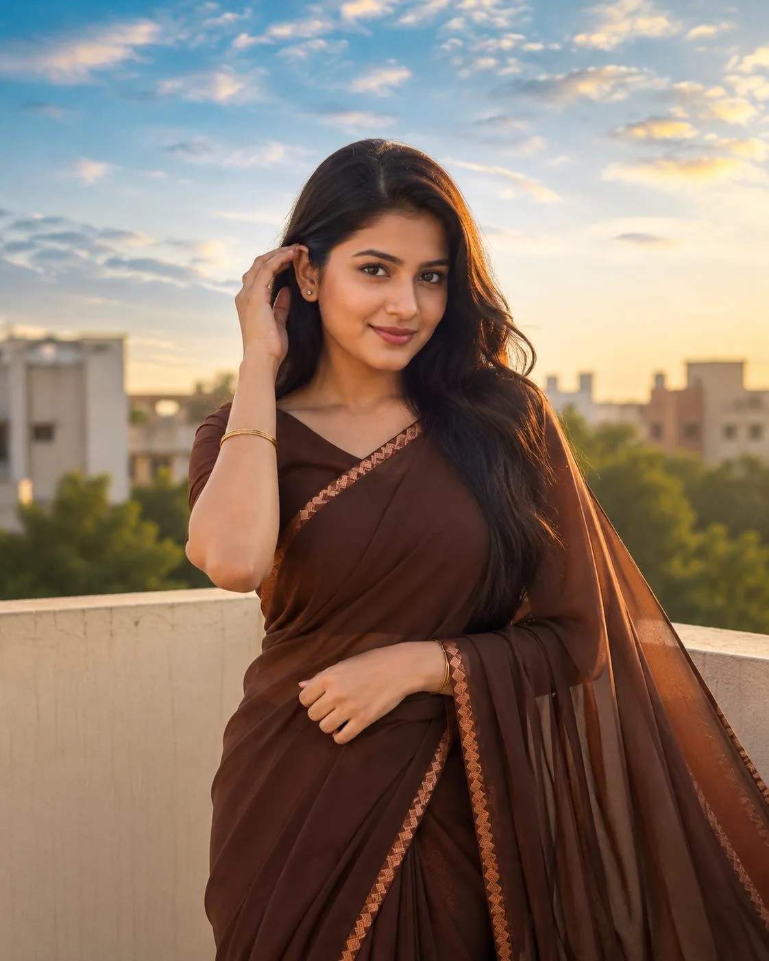 Chocolate Brown Saree Rooftop Portrait