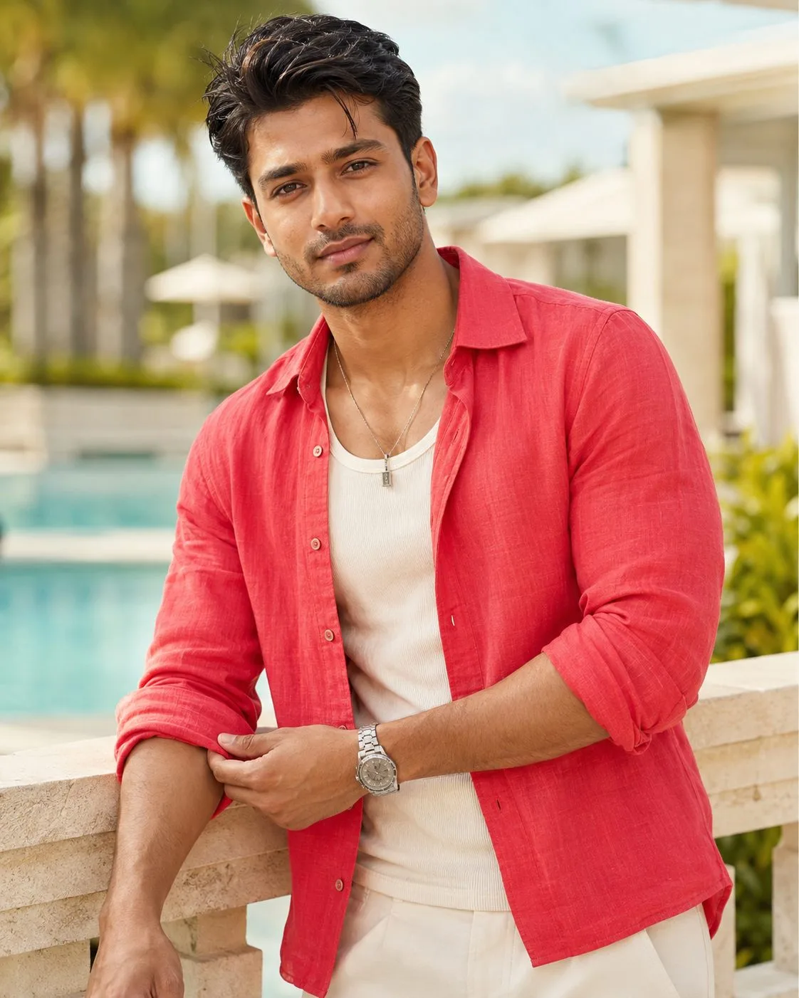 Coral Red Shirt Poolside Portrait