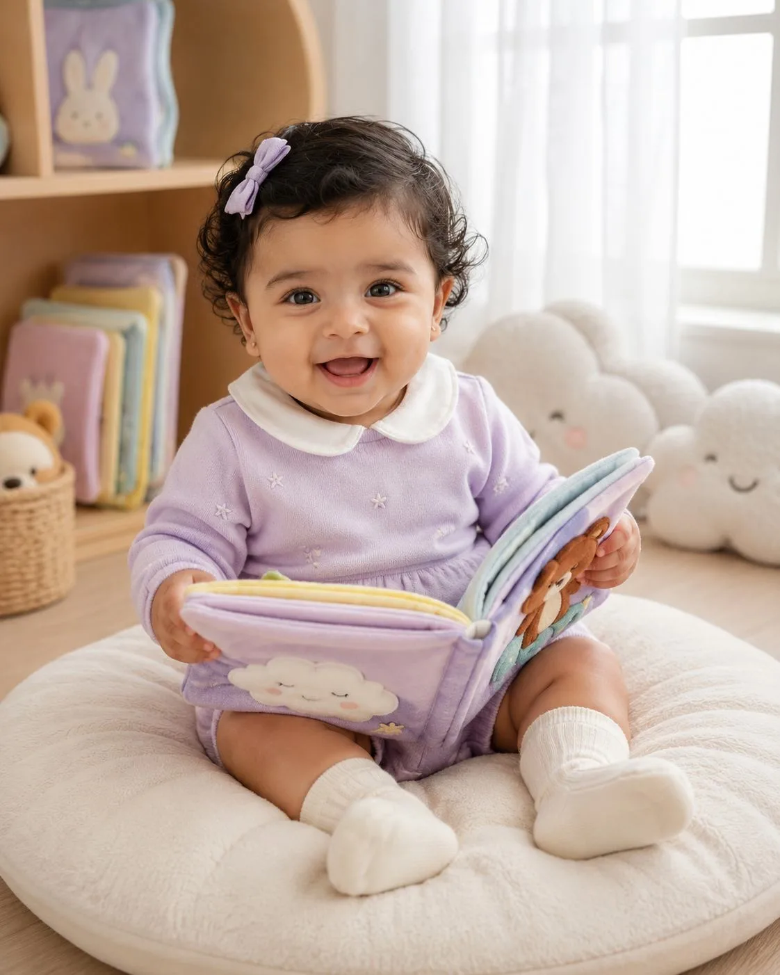 Cute Baby Reading a Storybook in Nursery