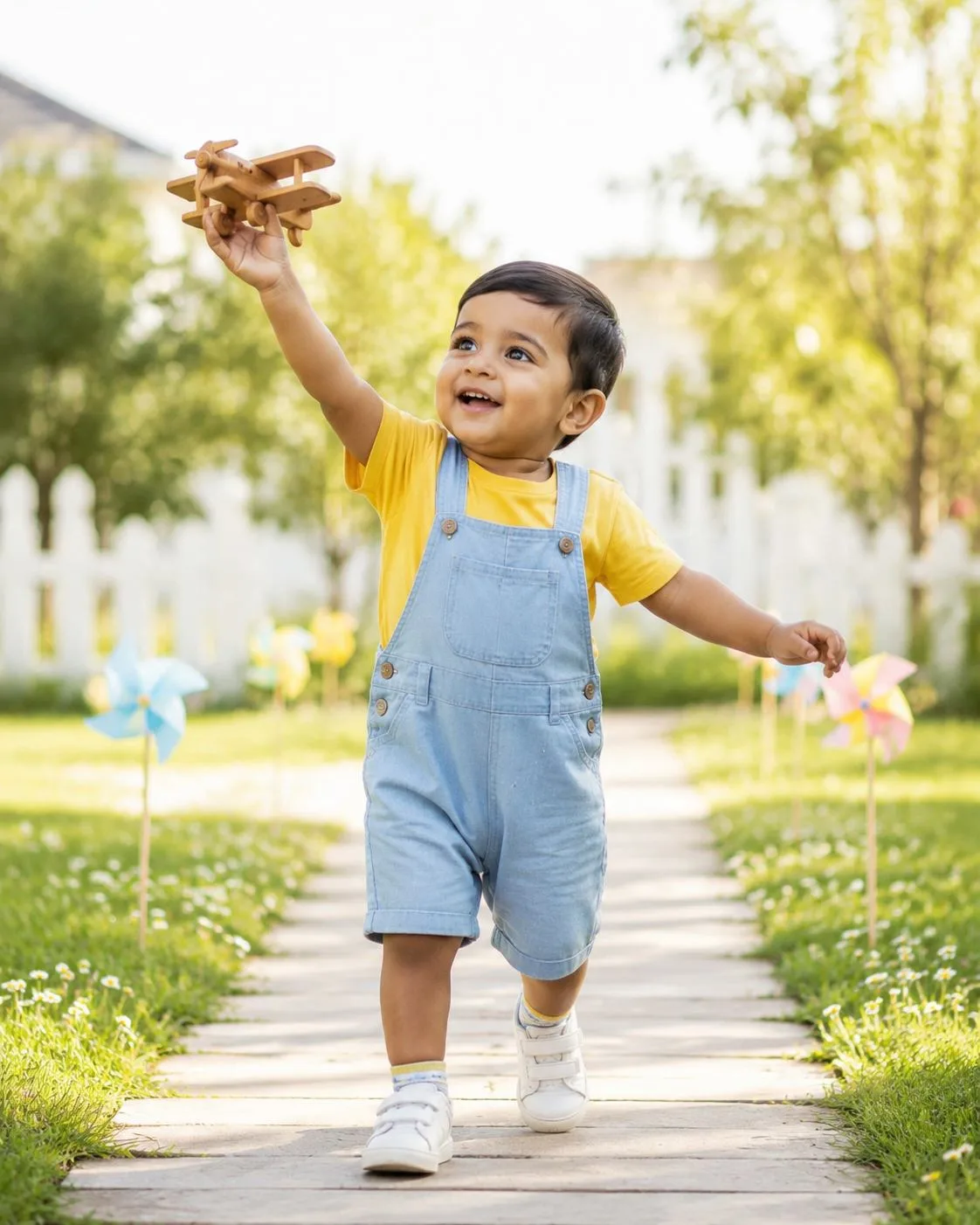 Cute Toddler Playing With Wooden Aeroplane