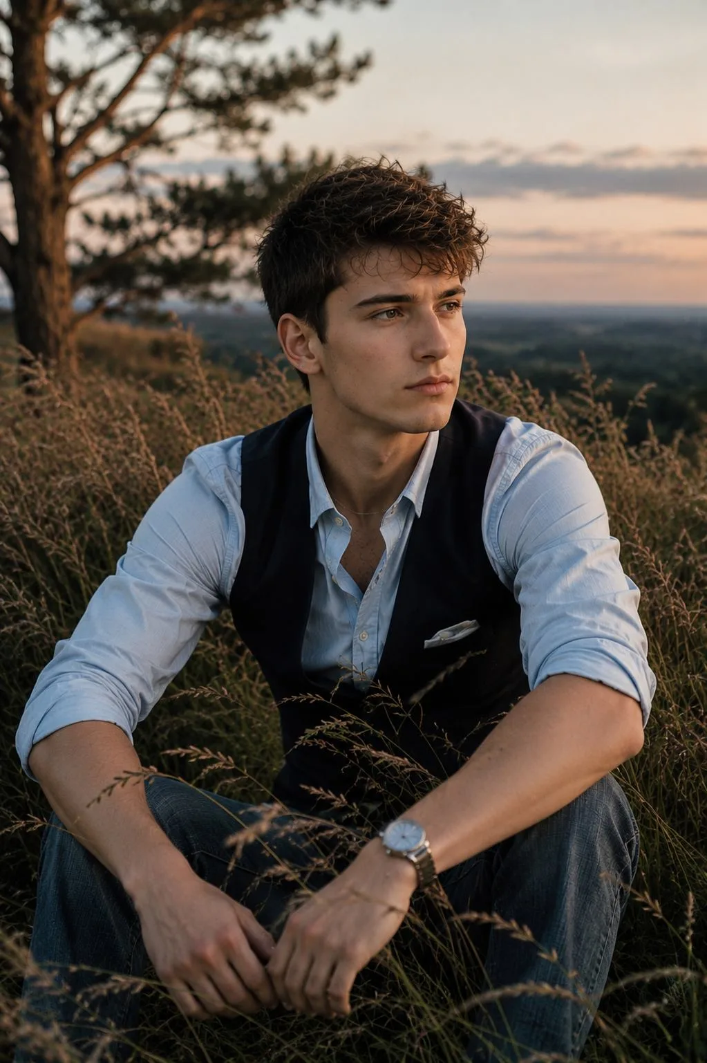 Golden Hour Countryside Portrait of a Stylish Young Man