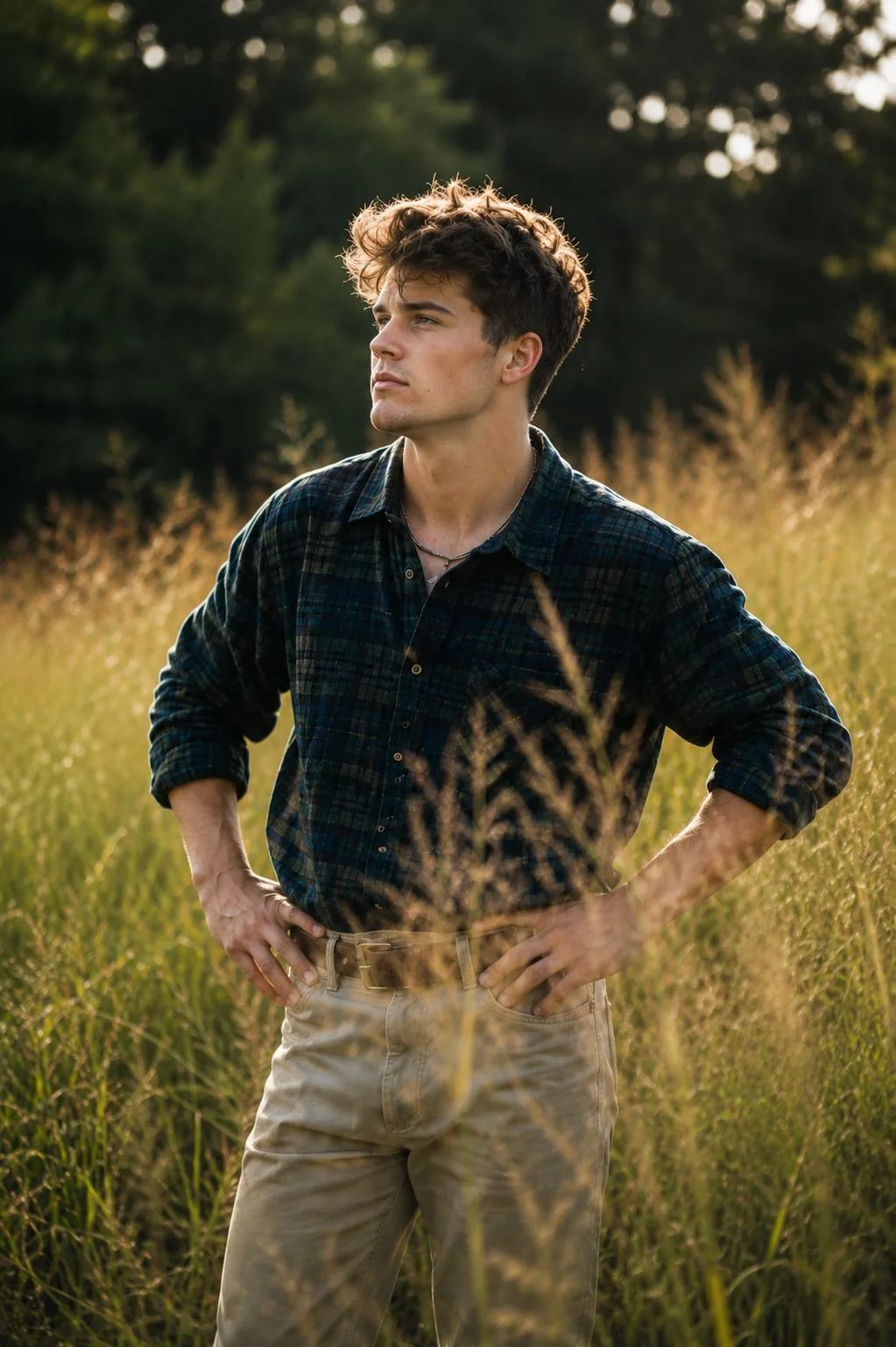 Golden Hour Meadow Portrait of a Stylish Young Man
