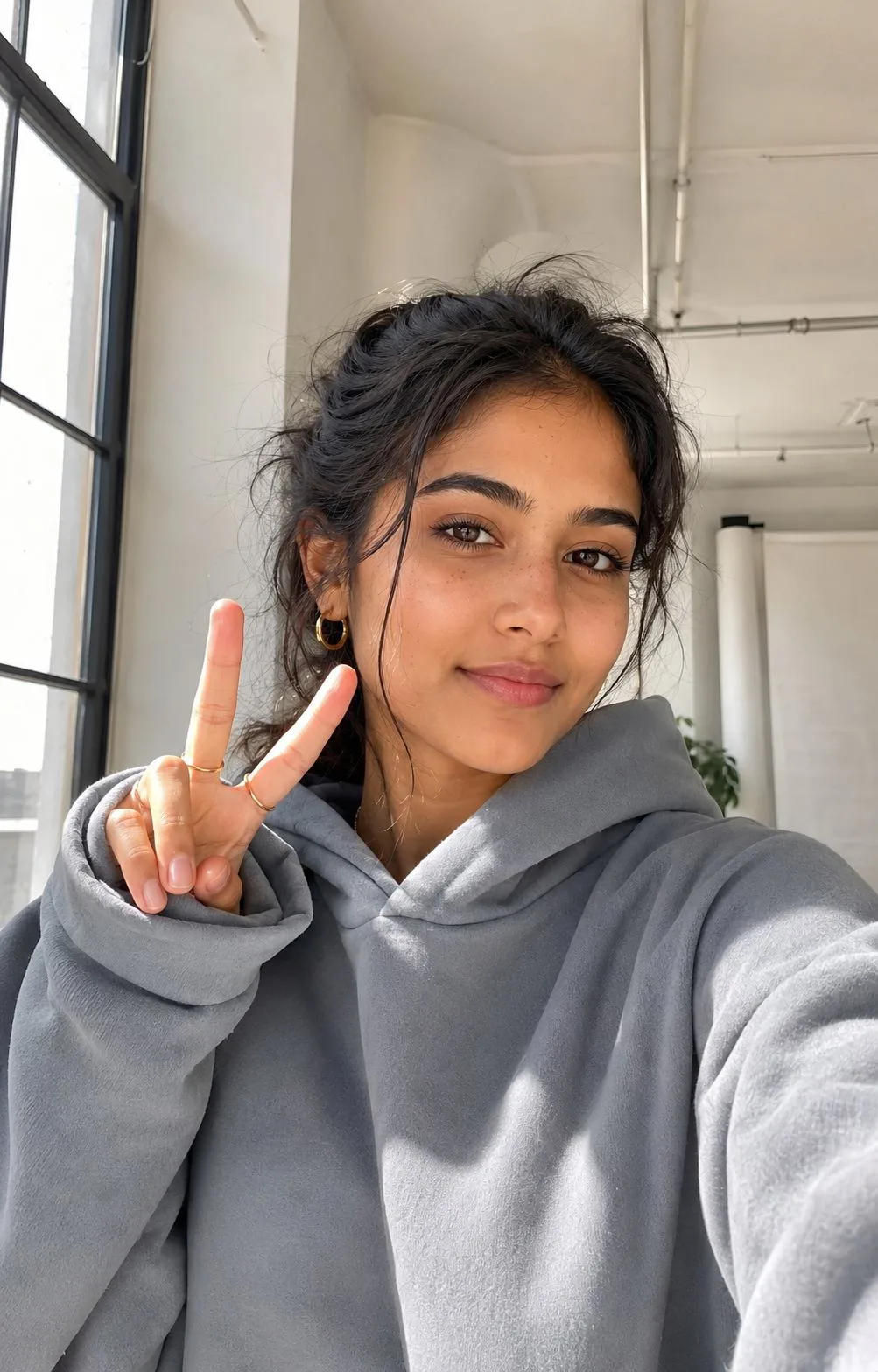 Gray Hoodie Peace Selfie