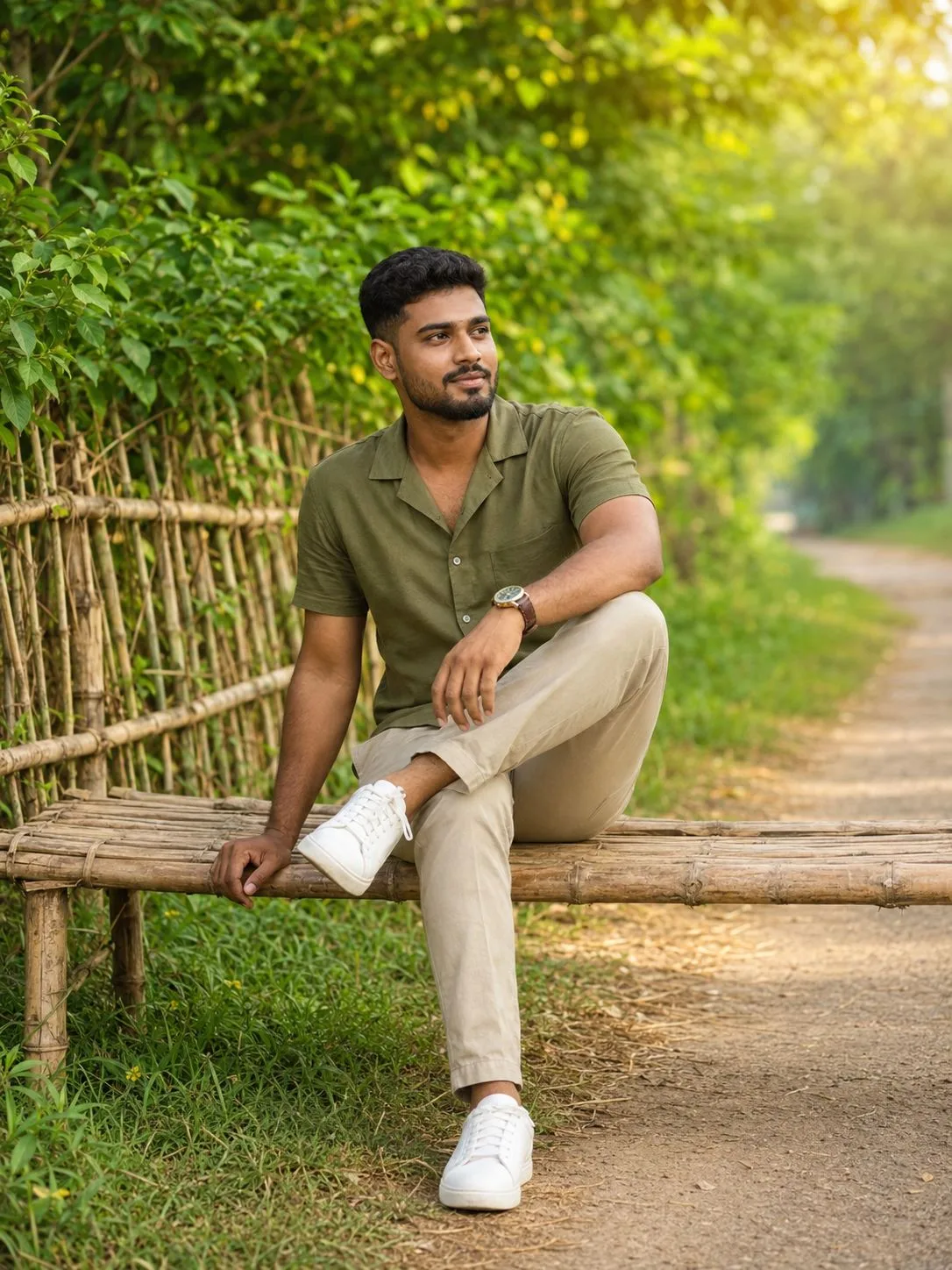 Indian Man Sitting on Bamboo Bench in Village