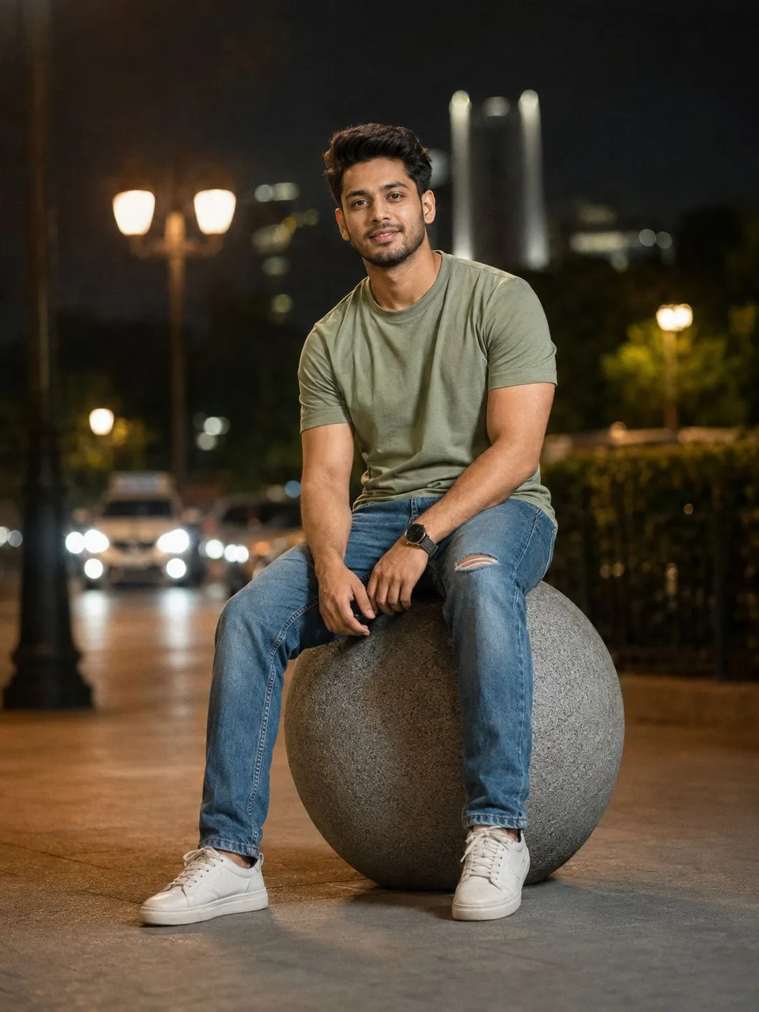 Indian Man Sitting on Concrete Sphere at Night