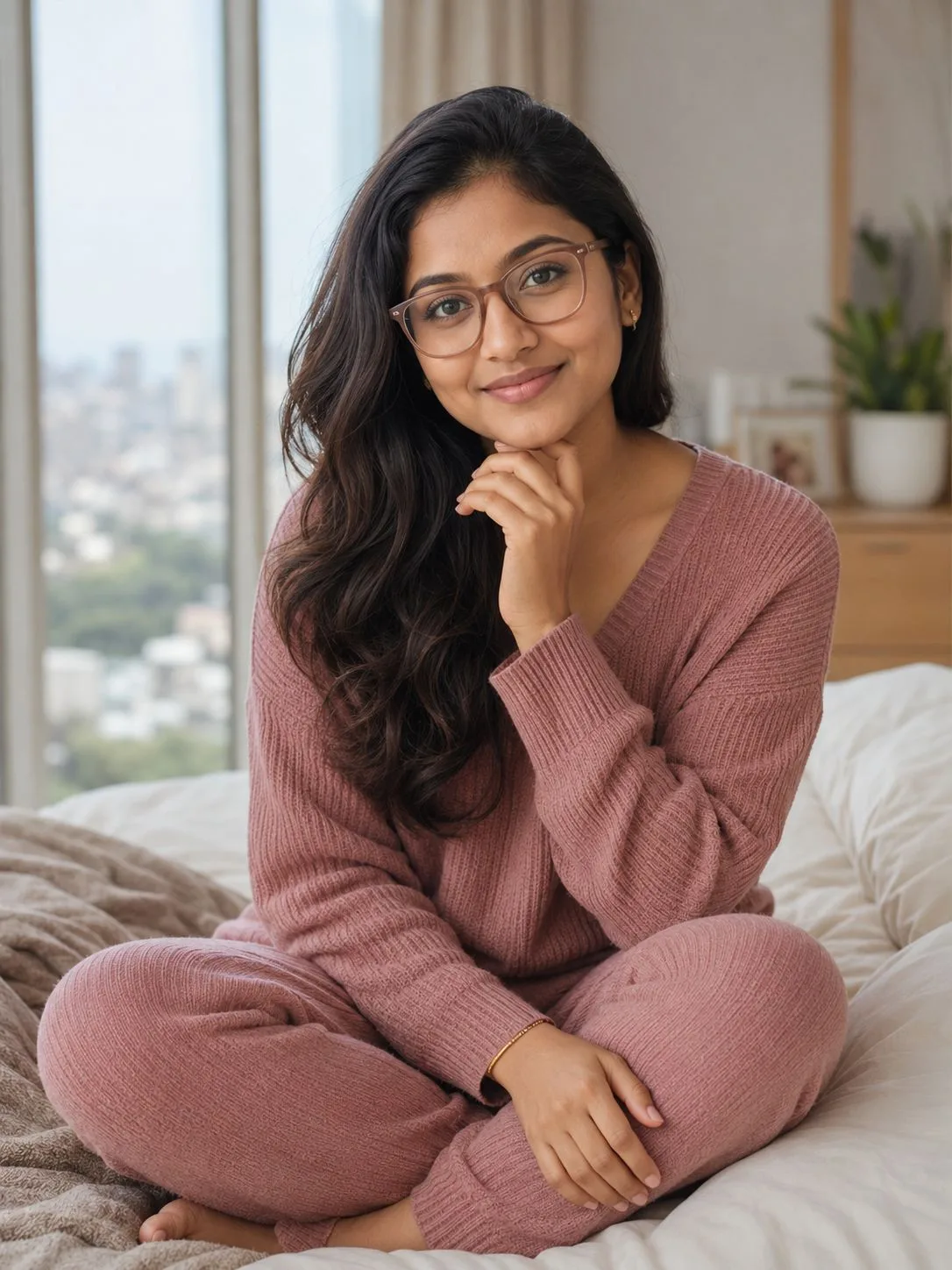 Indian Woman Cosy Bedroom Lifestyle Portrait