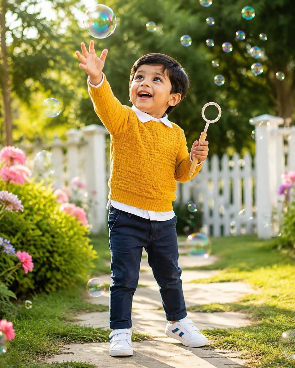 Joyful Child Playing With Bubbles in Garden