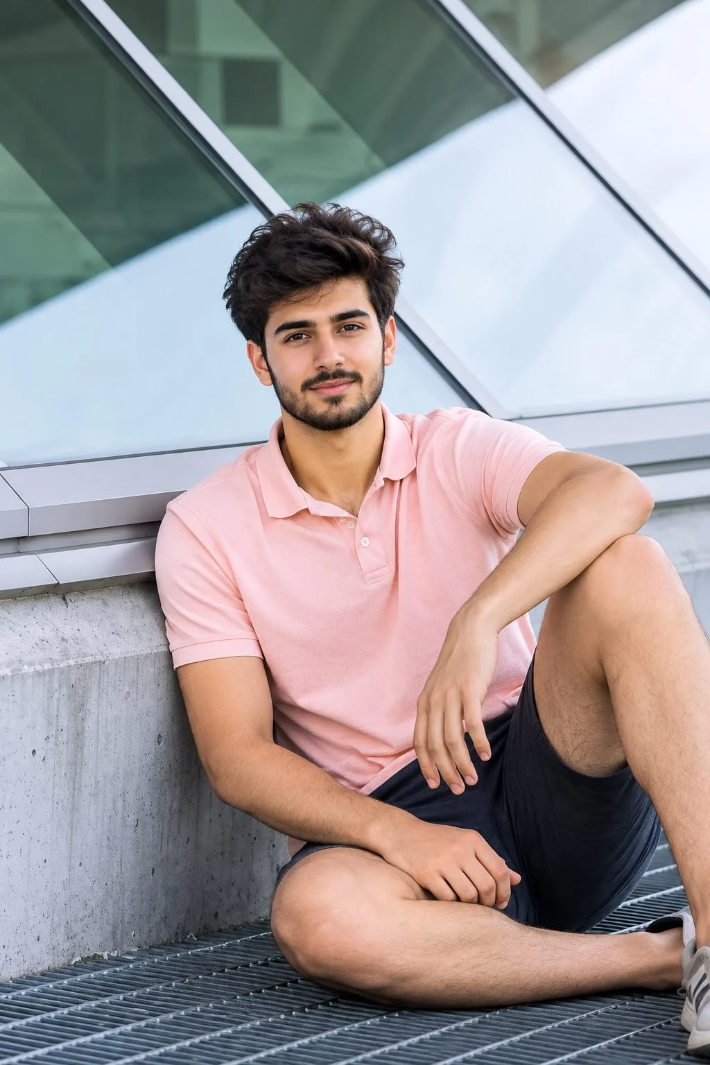 Realistic Modern Pink Polo Portrait – Stylish Urban Male Photo