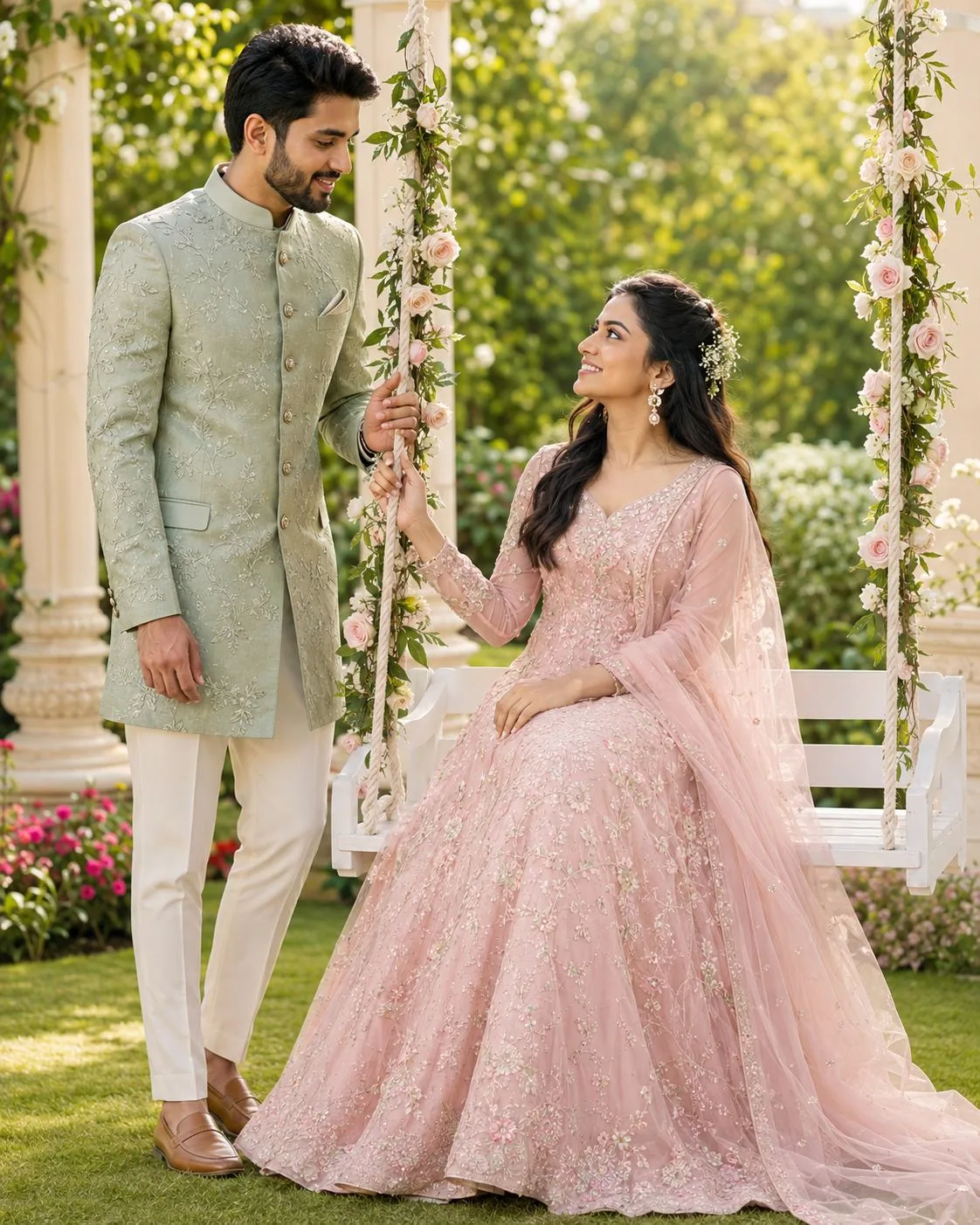 Romantic Couple Portrait on a Floral Garden Swing