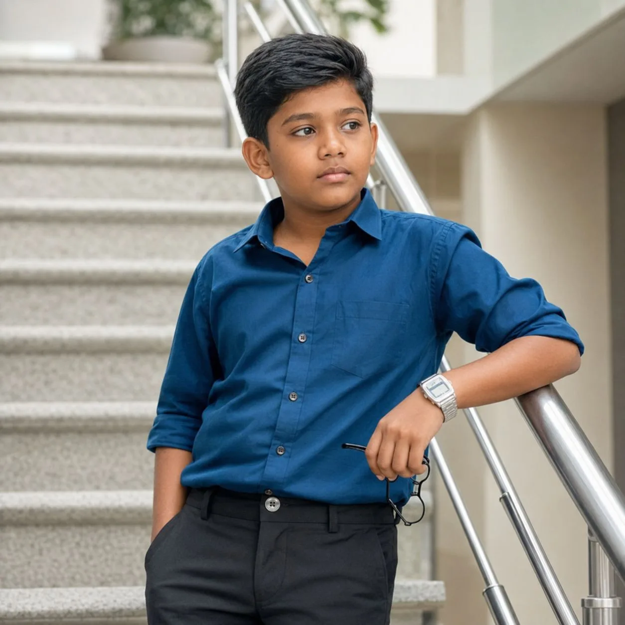 Smart Indian Boy Posing Beside a Staircase