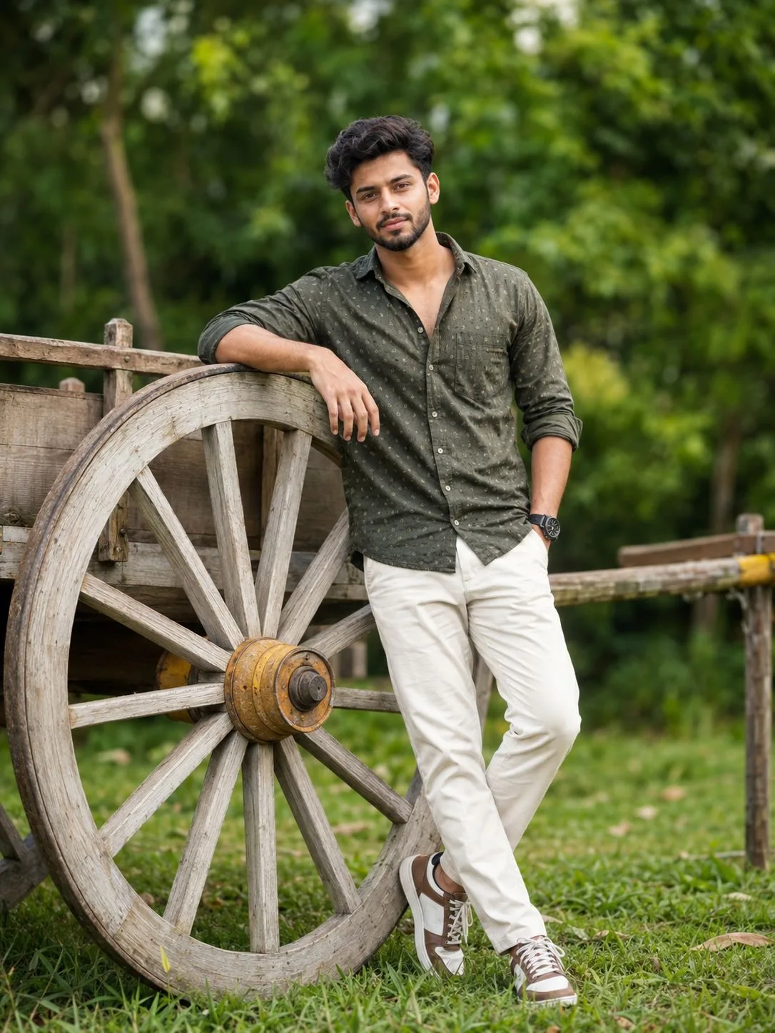 Stylish Indian Man with Vintage Cart Wheel