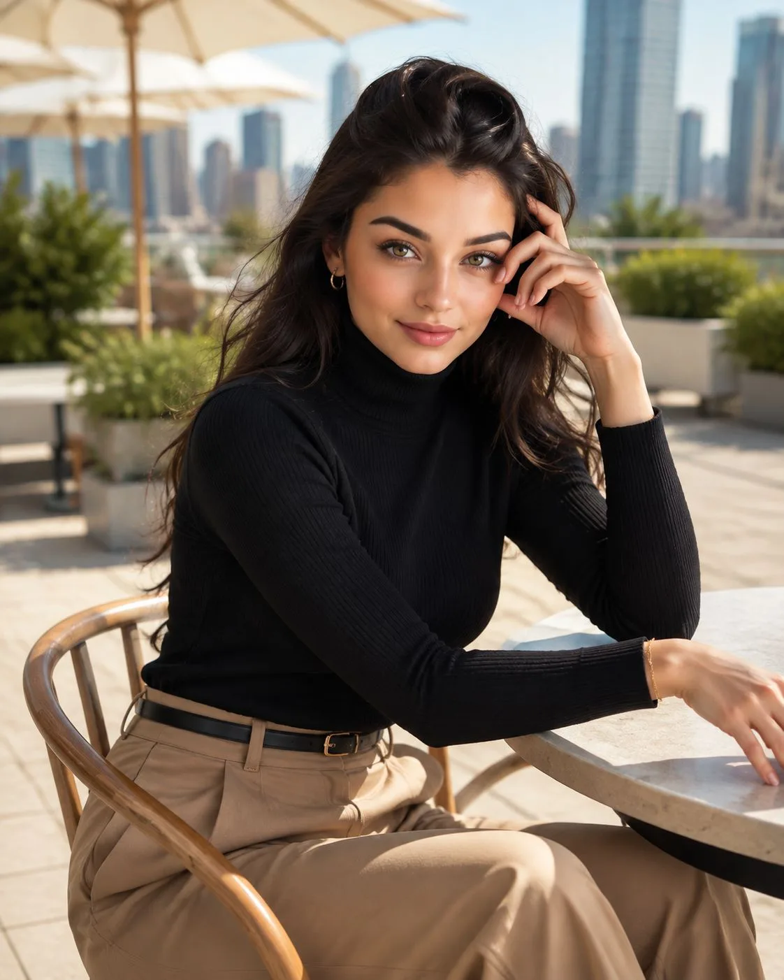 Stylish Woman Portrait at a Rooftop Café