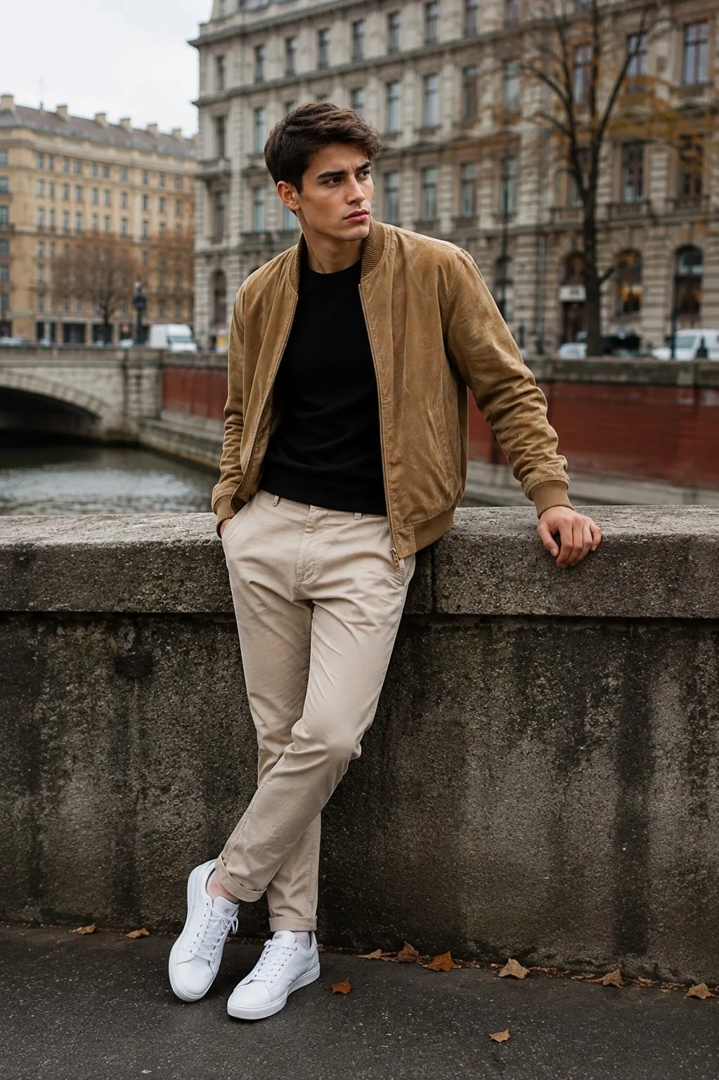 Urban Tan Jacket Portrait with European Canal Background result 2