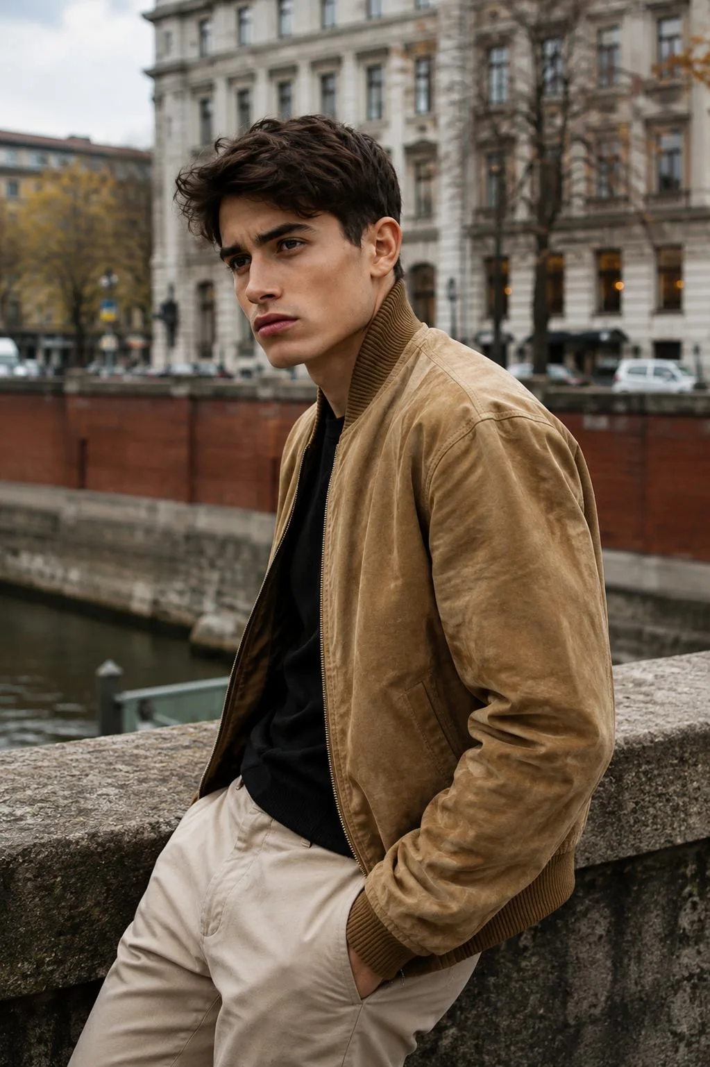 Urban Tan Jacket Portrait with European Canal Background