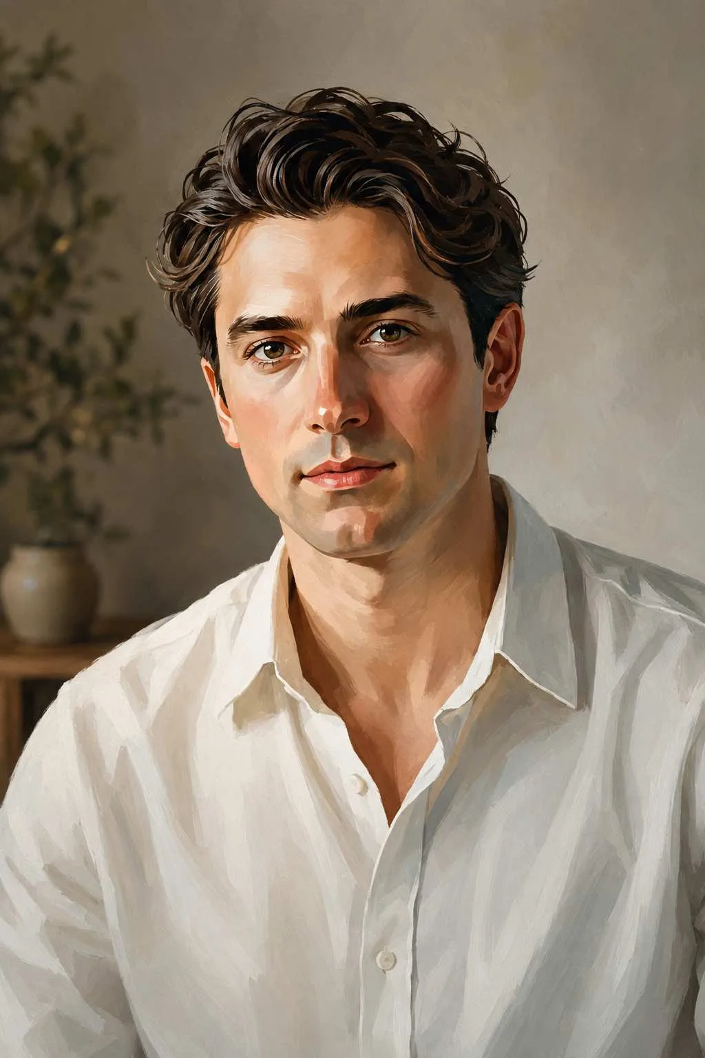 Warm Painterly Male Portrait – Artistic Studio Look