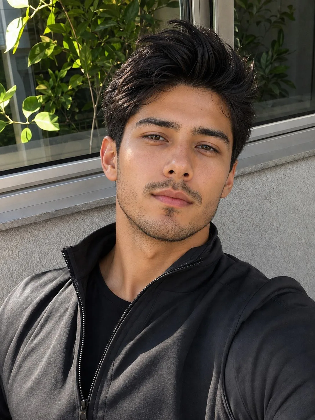 Young Man in Black Jacket Outdoor Selfie