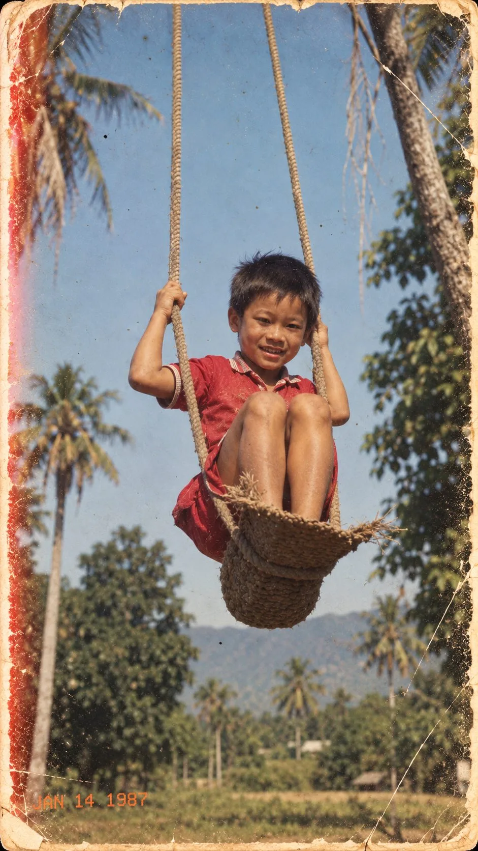 1980s Indian Boy on Village Swing Photo