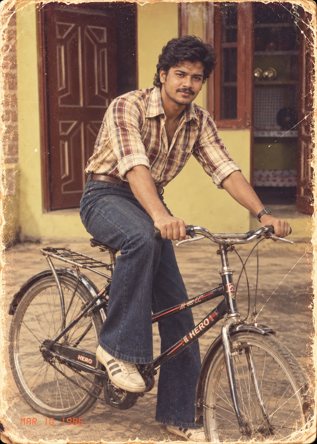 1980s Indian Boy with Vintage Bicycle - 80s Trend Prompt ChatGPT
