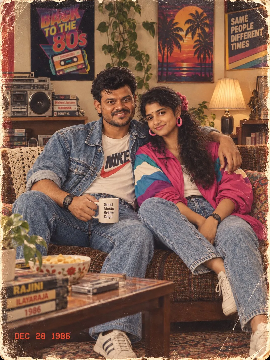 1980s Indian Couple Living Room Photo  - Couple 80s Trend Prompt