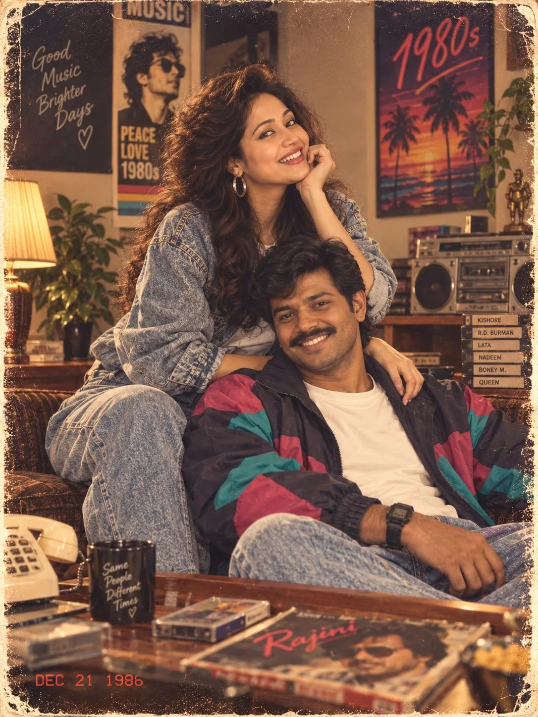 1980s Indian Couple Retro Living Room Photo - 80s Prompt for Couples