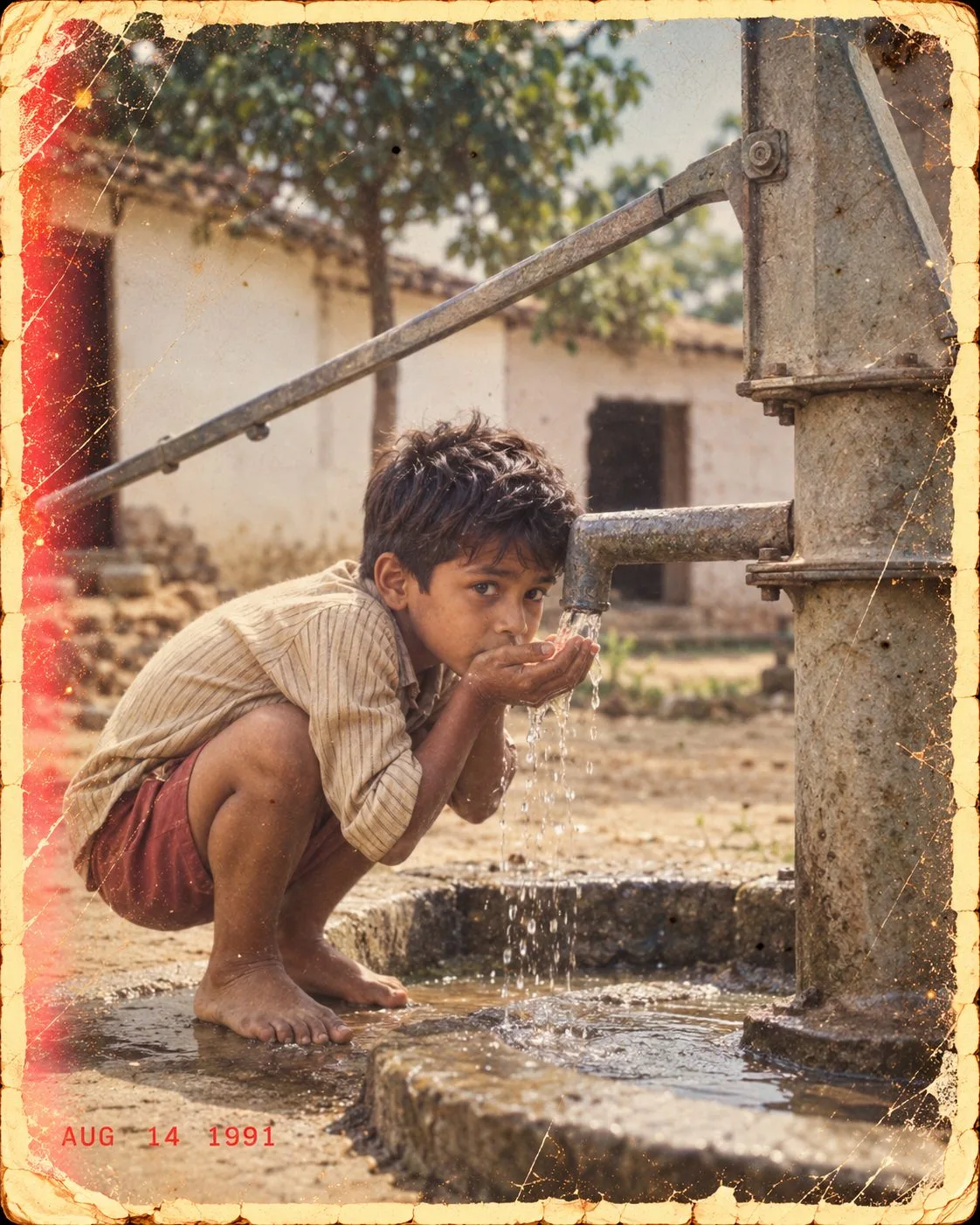 1990s Indian Boy Drinking Hand Pump Water