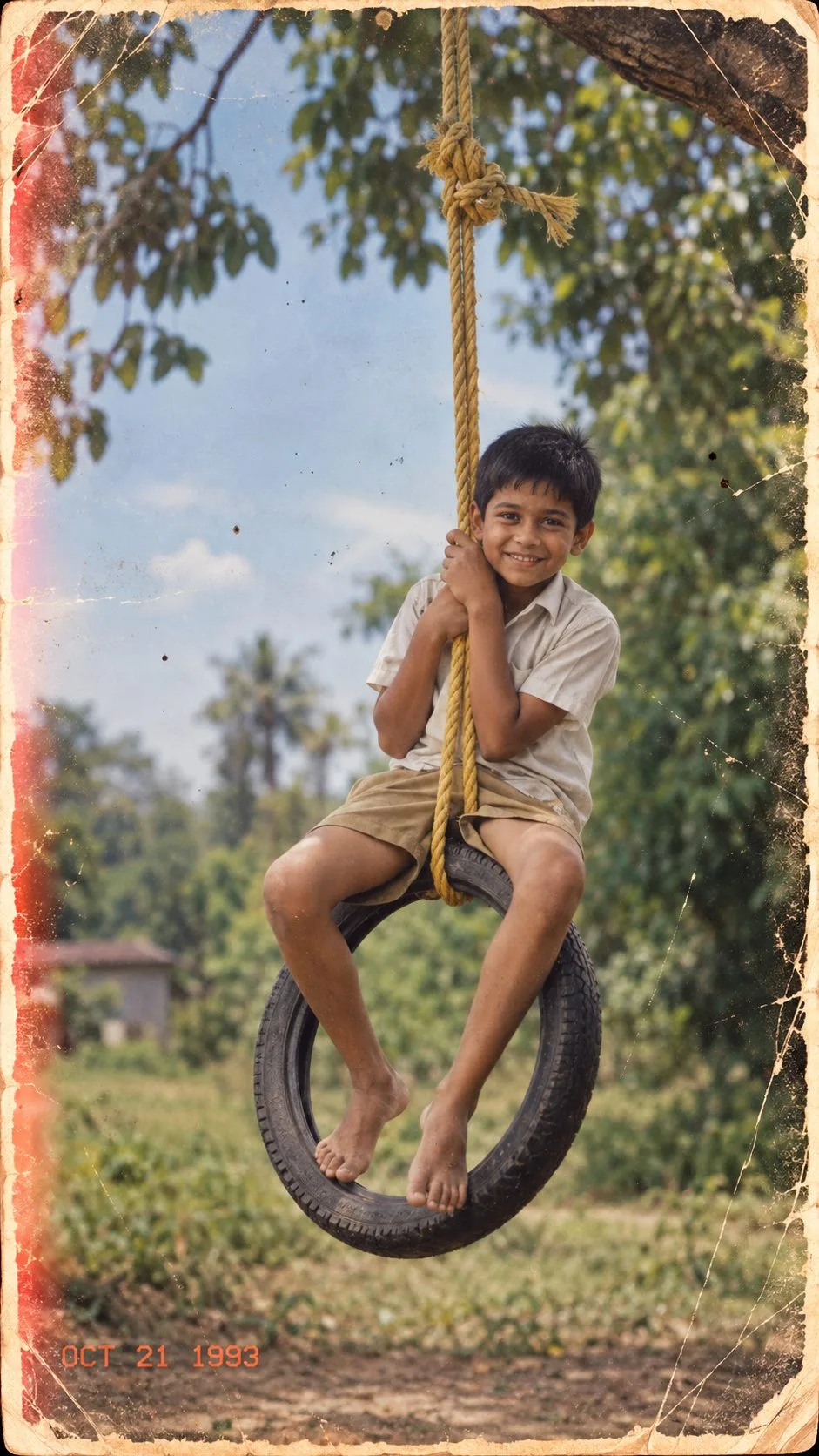 1990s Indian Boy on Tyre Swing Photo