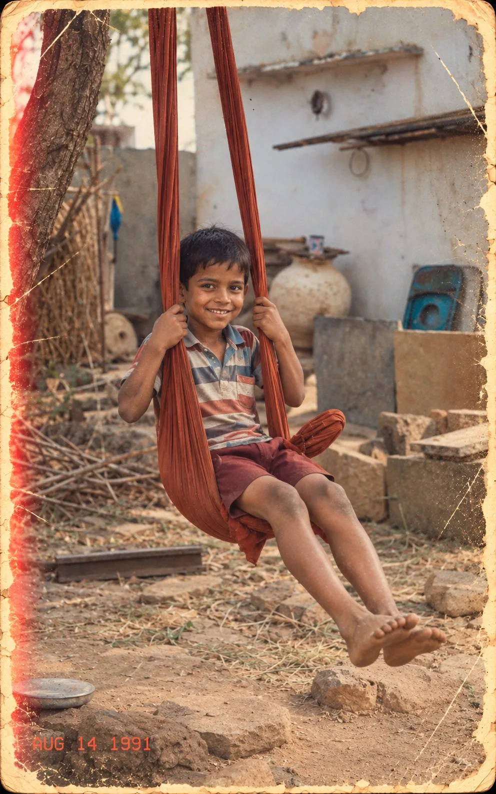 1990s Indian Boy on Village Cloth Swing Photo