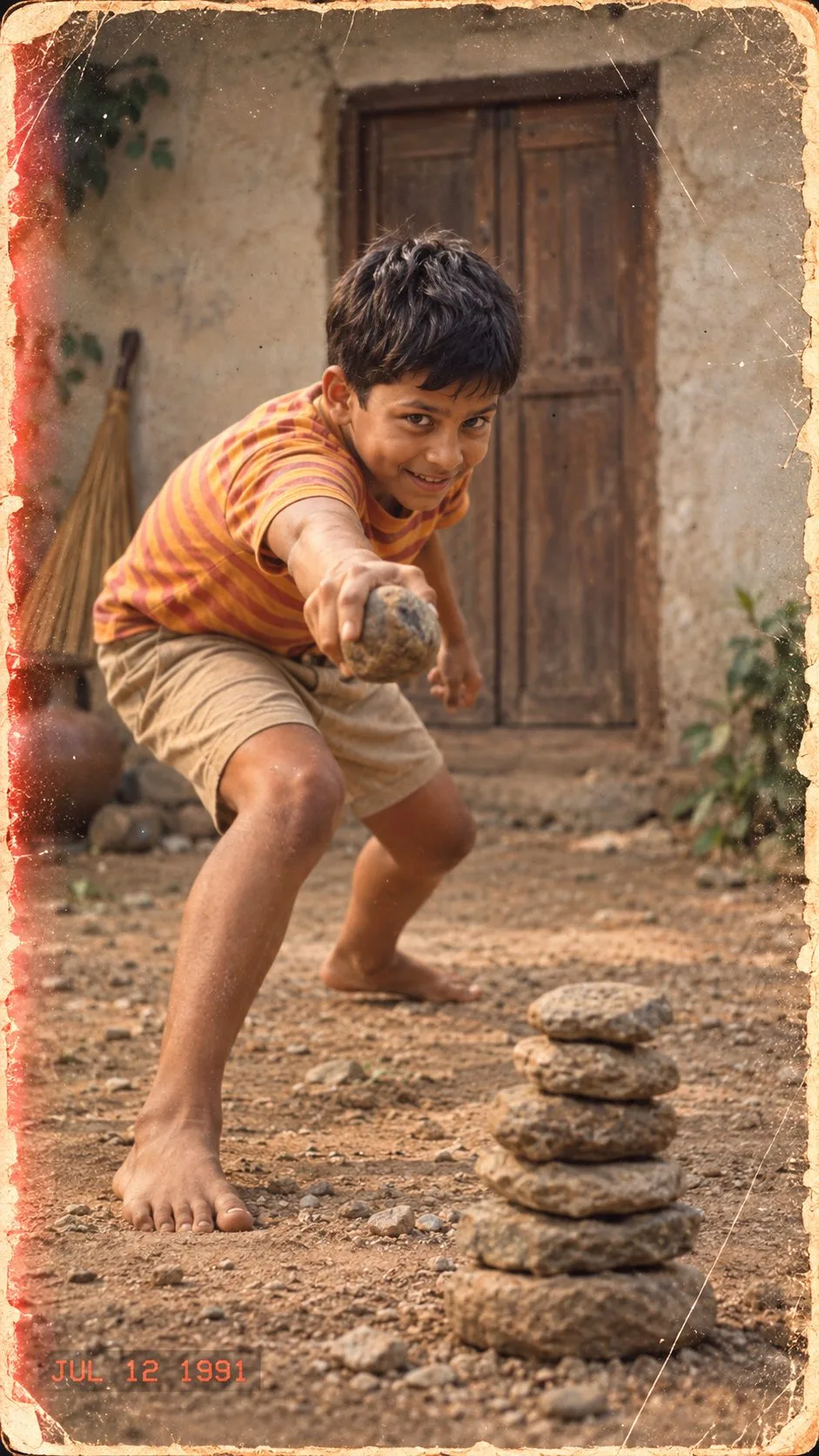 1990s Indian Boy Playing Stone Game Photo