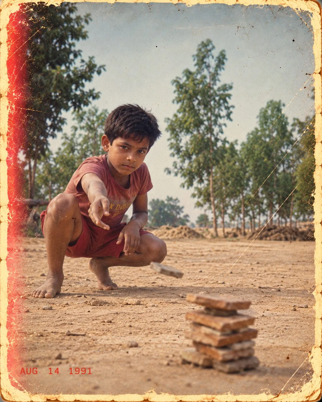 1990s Indian Boy Playing Stone Target Game