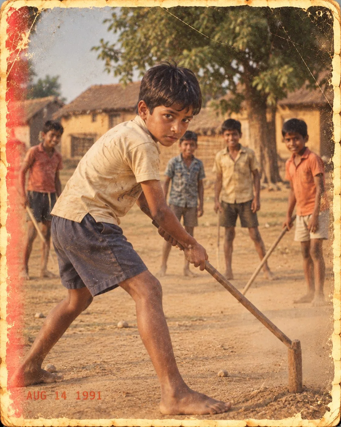 1990s Indian Boy Playing Traditional Village Game