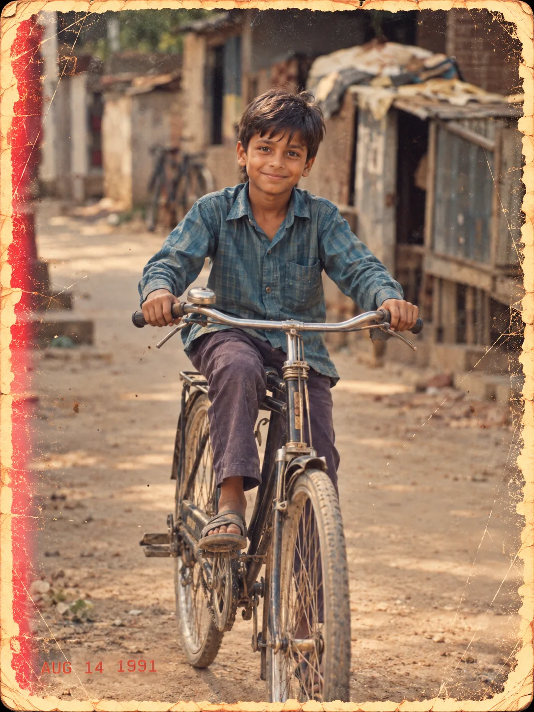 1990s Indian Boy Riding Old Bicycle Photo