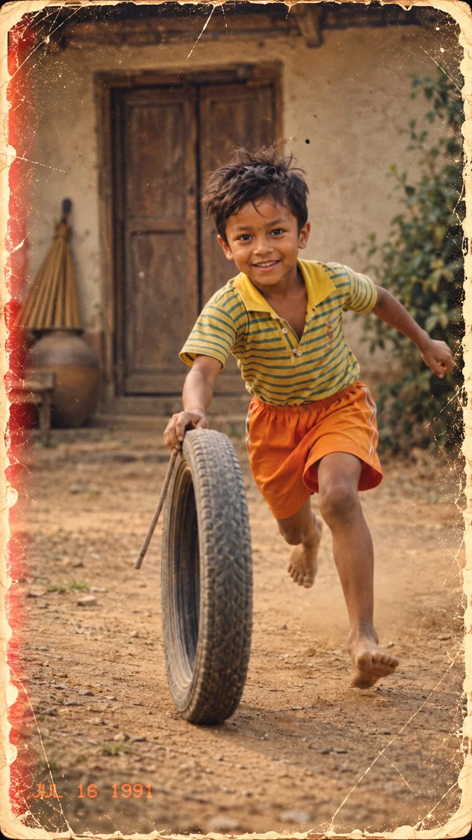 1990s Indian Boy Rolling Tyre Childhood Photo
