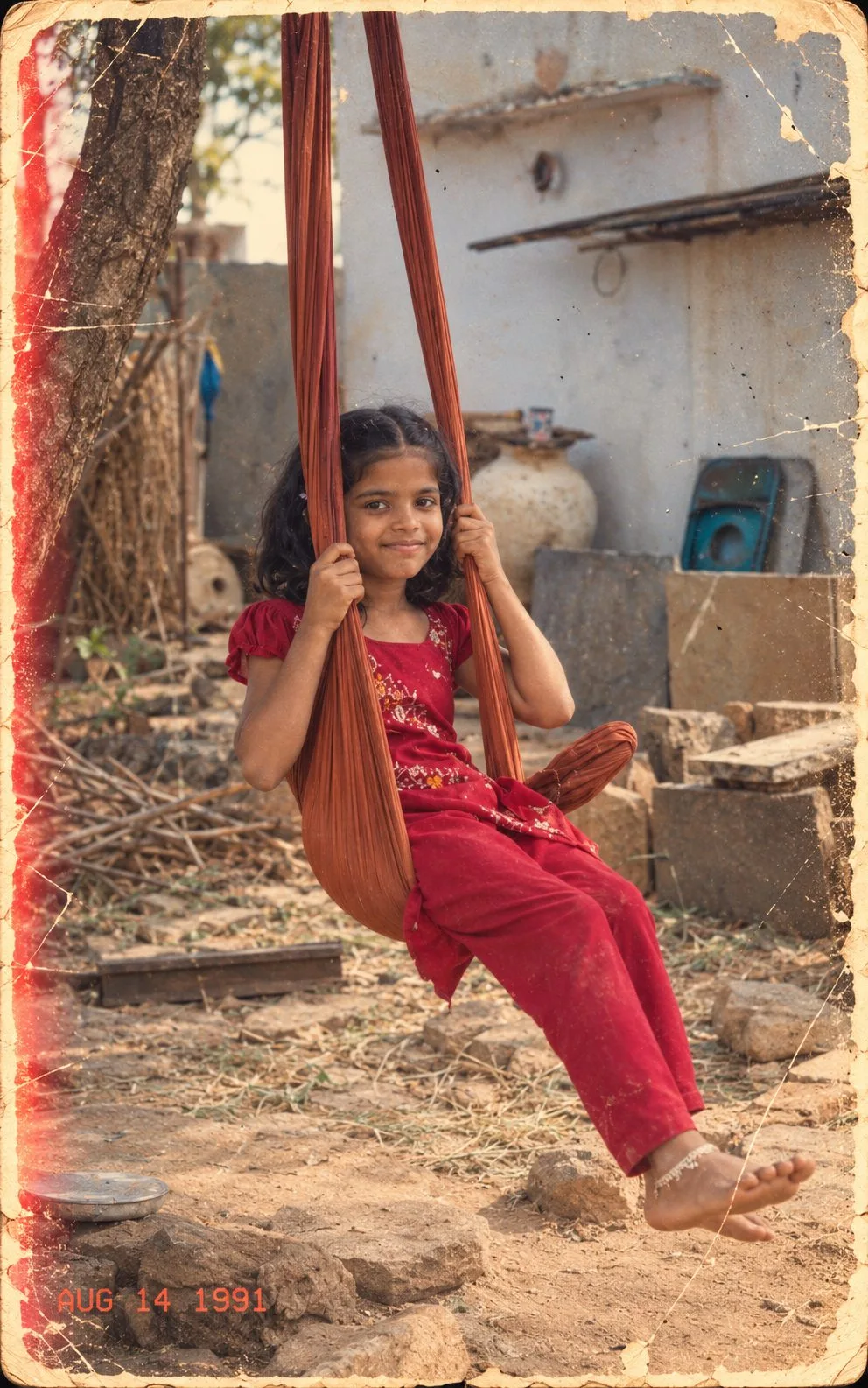 1990s Indian Girl on Village Cloth Swing Photo