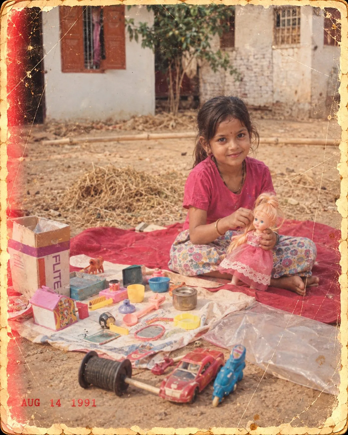 1990s Indian Girl Playing With Doll and Toys