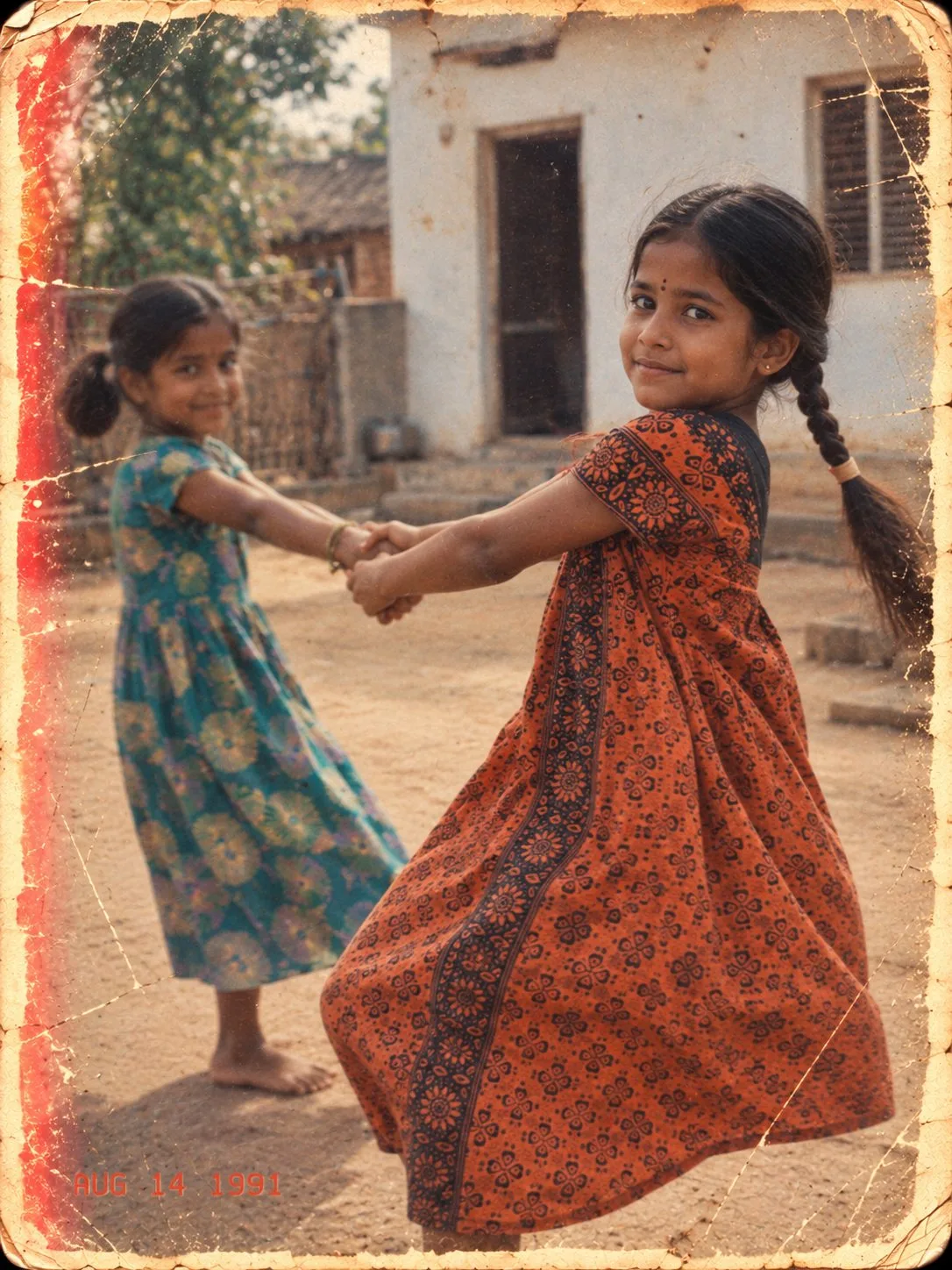 1990s Indian Girls Playing Spinning Game Photo