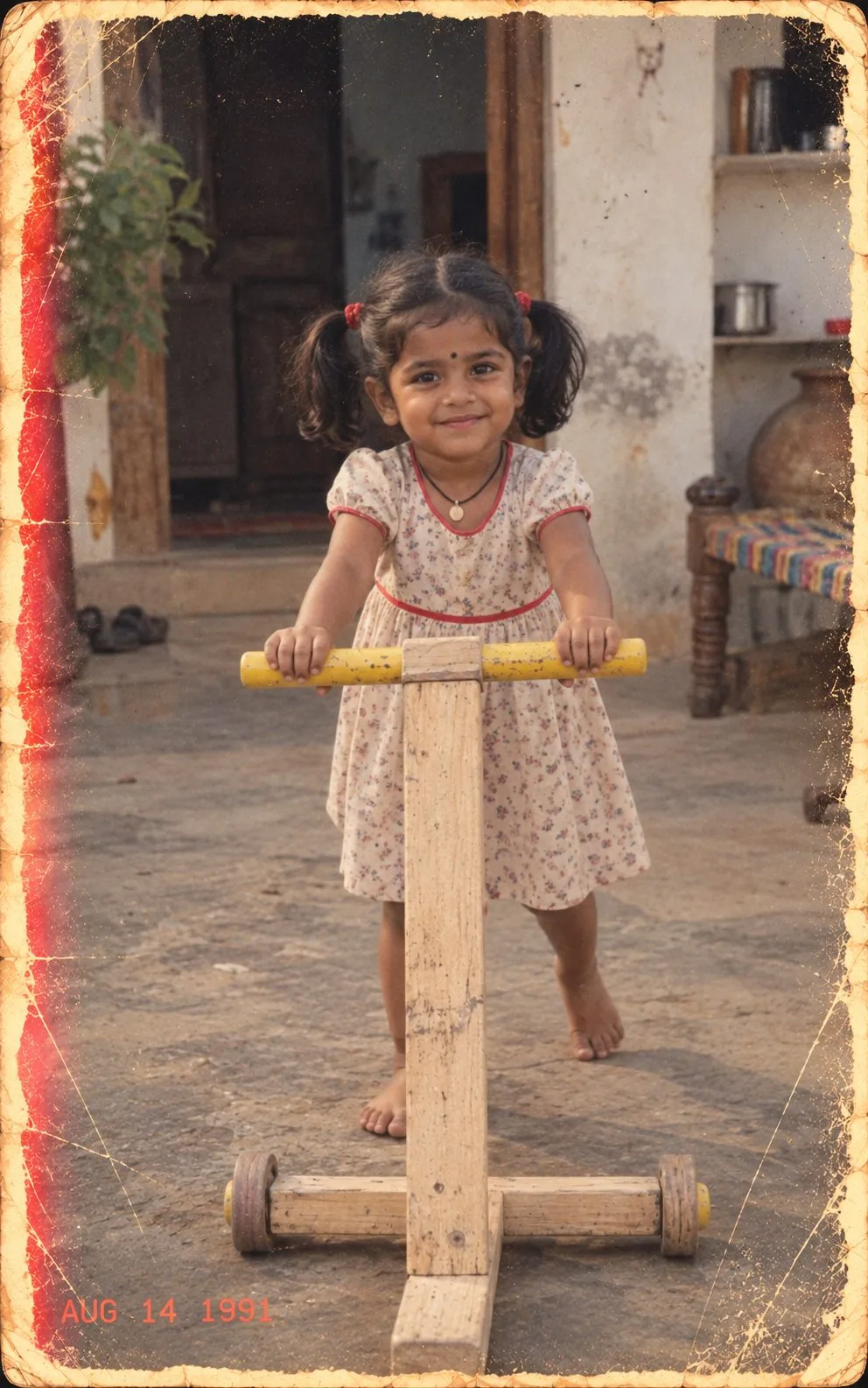 1990s Indian Little Girl with Wooden Push Toy Photo