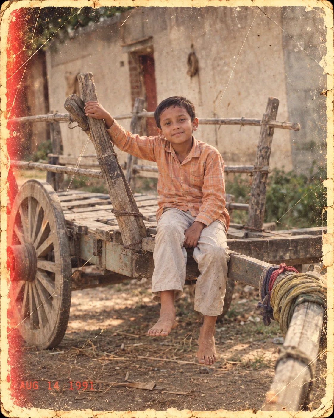 1990s Indian Village Boy on Bullock Cart Photo