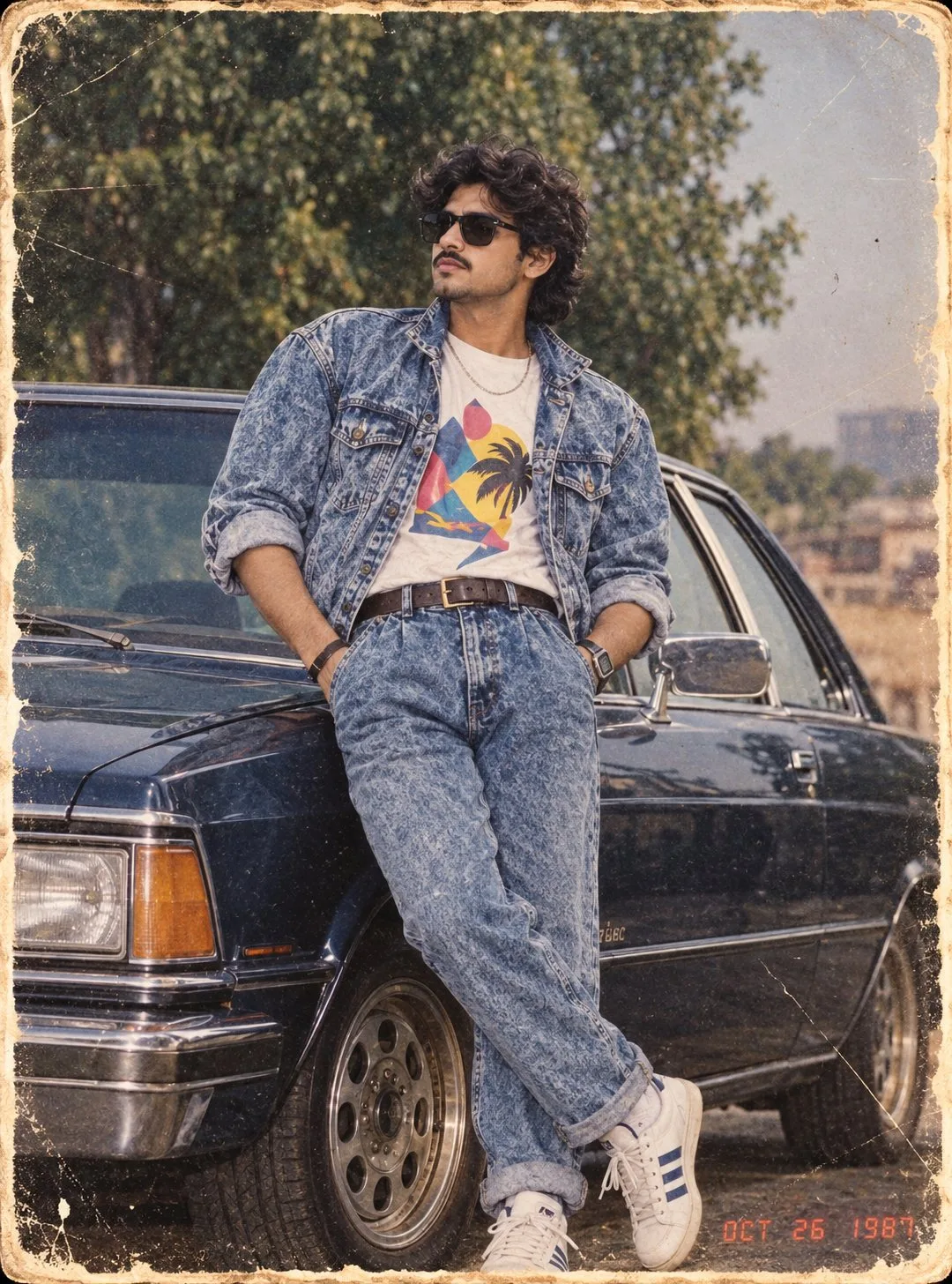80s Indian Boy Acid Wash Denim Car Photo- 80s Trend ChatGPT Prompt