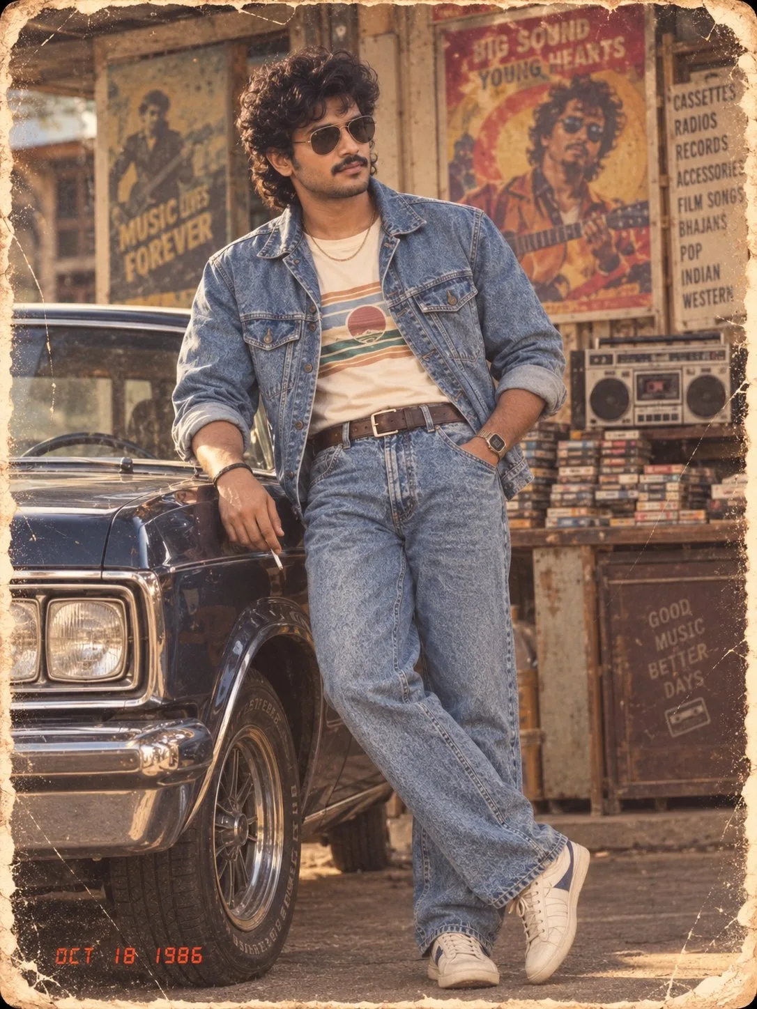 80s Indian Boy Denim Car Photo - 80s Trend Prompt Men