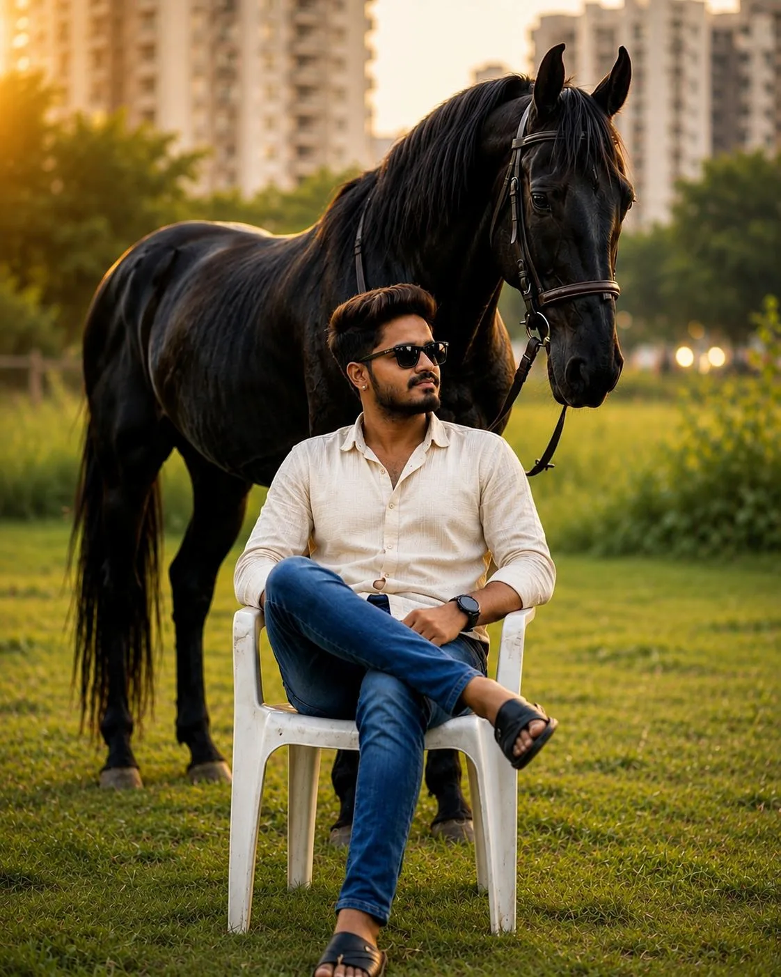 Black Horse Outdoor Portrait – Stylish Indian Boy
