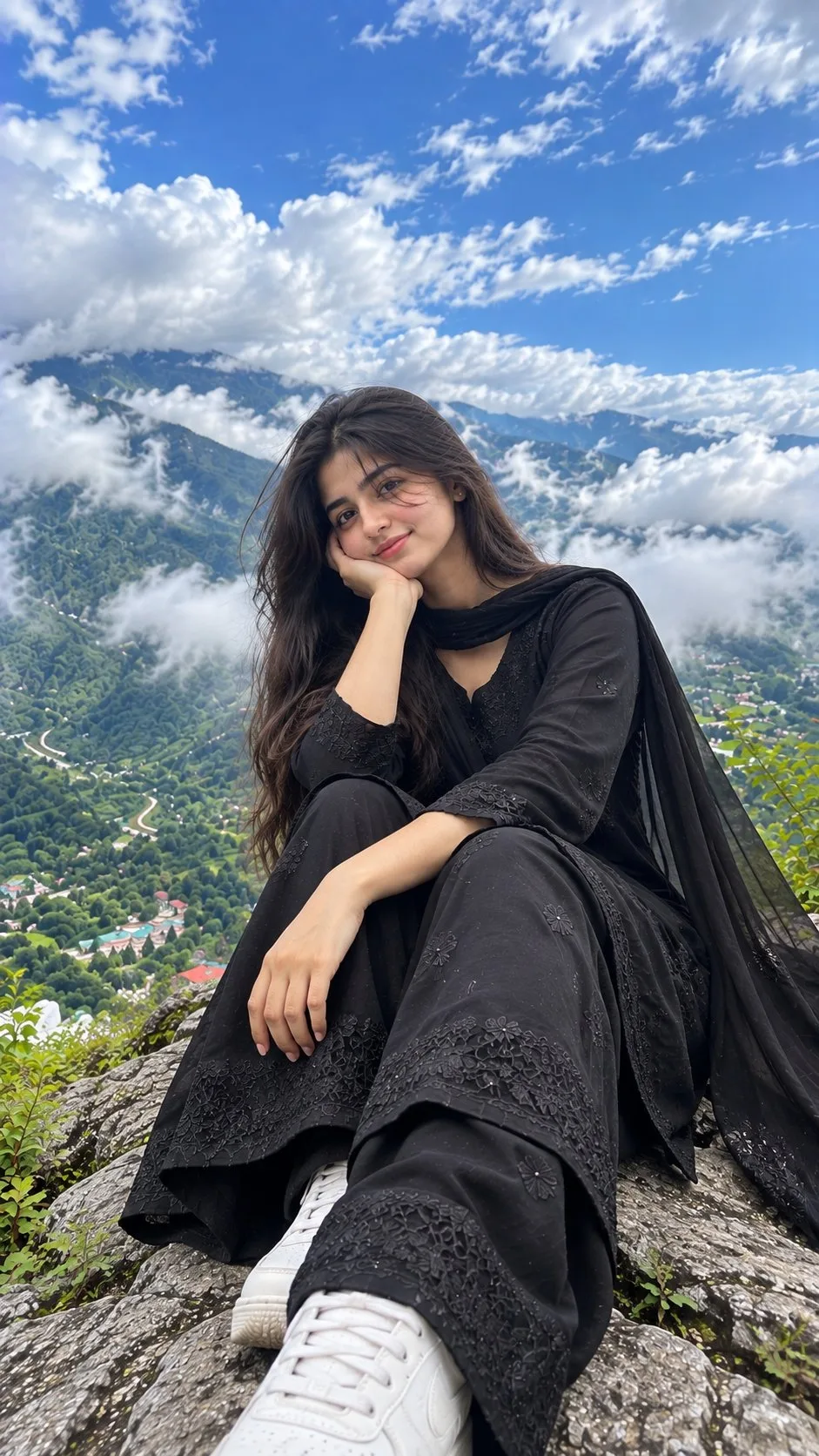 Black Salwar Suit Girl Low Angle Photo in Mussoorie