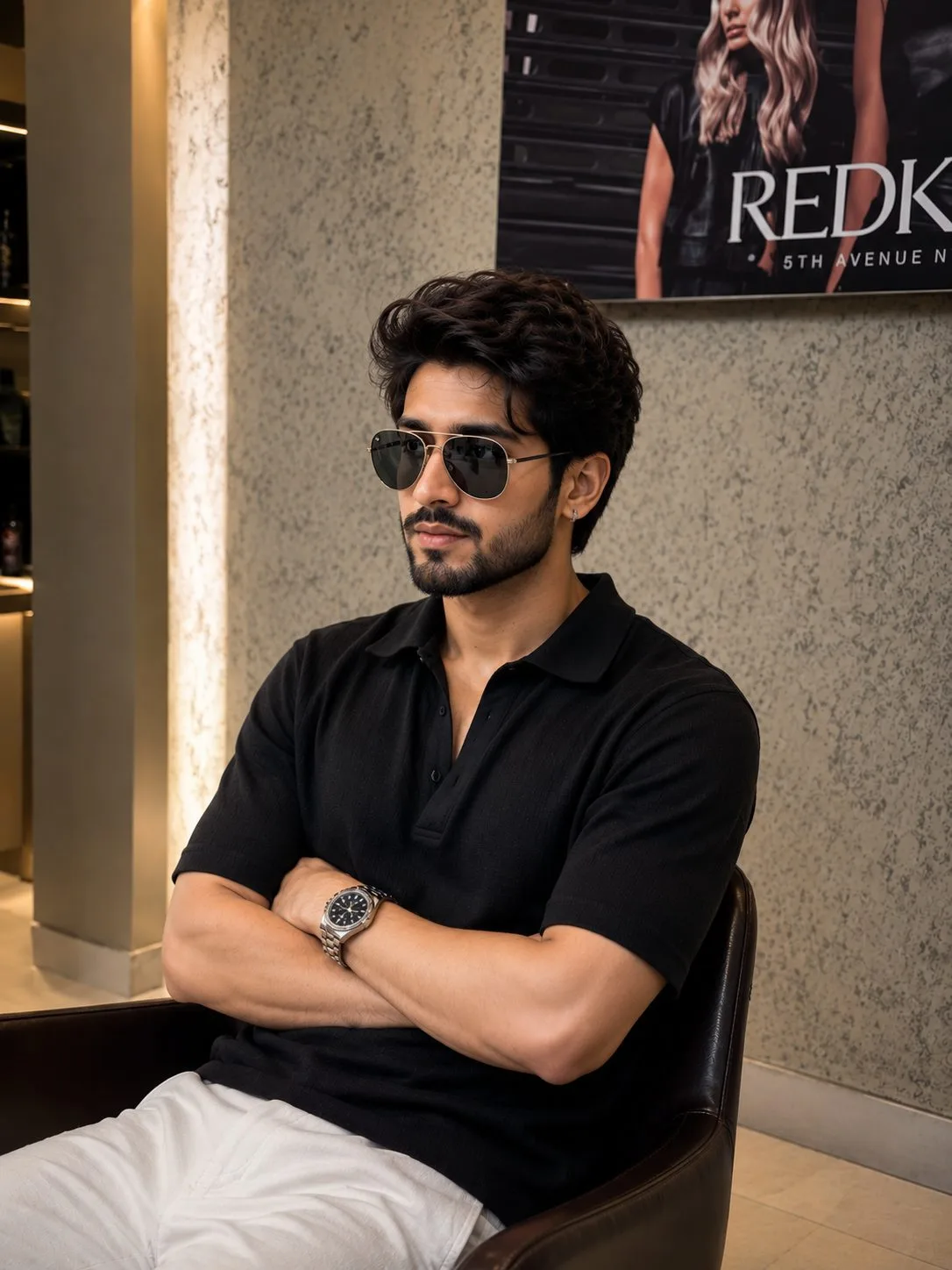 Black Shirt Seated Portrait with Sunglasses