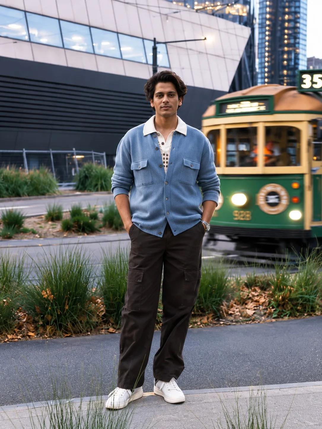 Blue Cardigan Vintage Tram Street Portrait