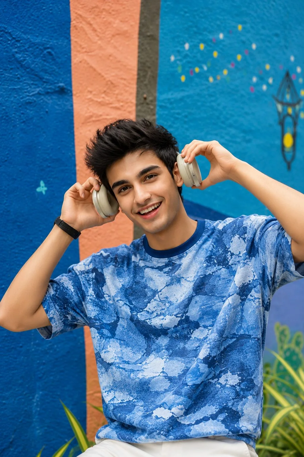 Blue Pattern T-Shirt Headphone Street Portrait